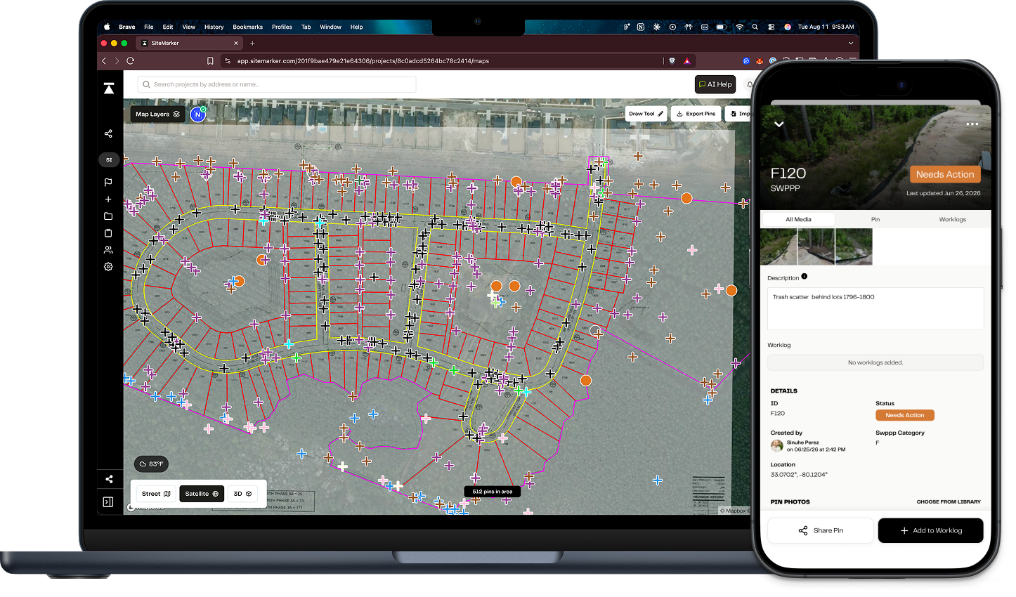 SiteMarker's map with pinned SWPPP observations on desktop, and a pin's photos and worklog on mobile